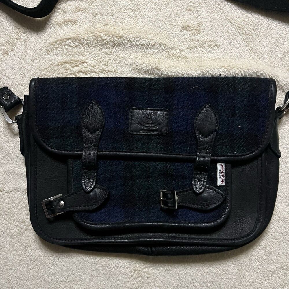 Vintage Harris Tweed Crossbody Black Watch Tartan Bag Wool Leather Accents Ivy